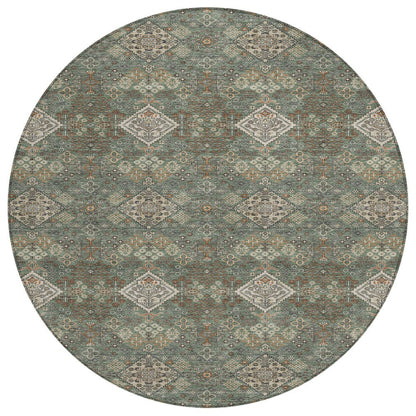 8' Green And Taupe Round Geometric Washable Indoor Outdoor Area Rug HomeRoots