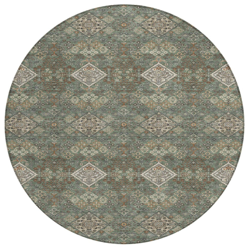 8' Green And Taupe Round Geometric Washable Indoor Outdoor Area Rug HomeRoots