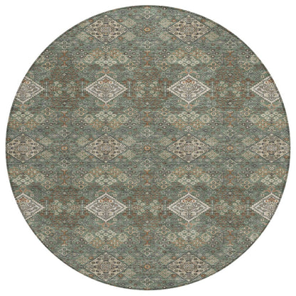 8' Green And Taupe Round Geometric Washable Indoor Outdoor Area Rug HomeRoots