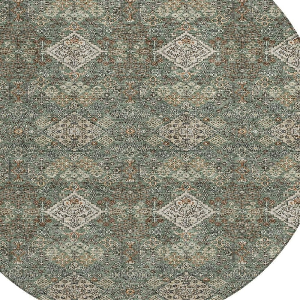 8' Green And Taupe Round Geometric Washable Indoor Outdoor Area Rug HomeRoots