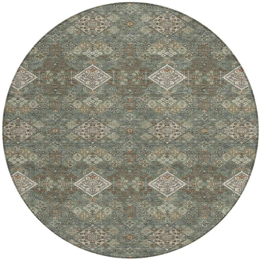 8' Green And Taupe Round Geometric Washable Indoor Outdoor Area Rug HomeRoots