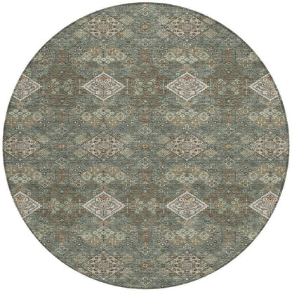 8' Green And Taupe Round Geometric Washable Indoor Outdoor Area Rug HomeRoots