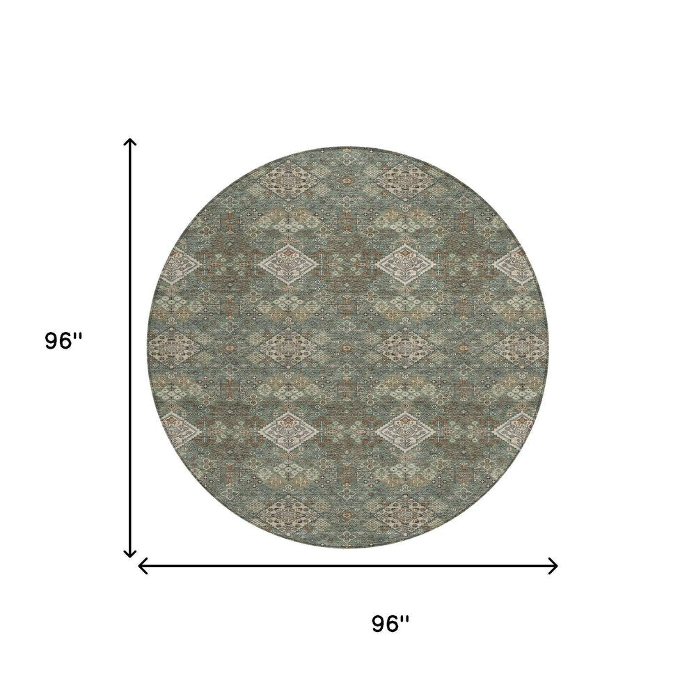 8' Green And Taupe Round Geometric Washable Indoor Outdoor Area Rug HomeRoots