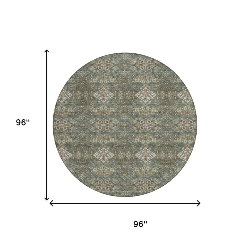 8' Green And Taupe Round Geometric Washable Indoor Outdoor Area Rug HomeRoots