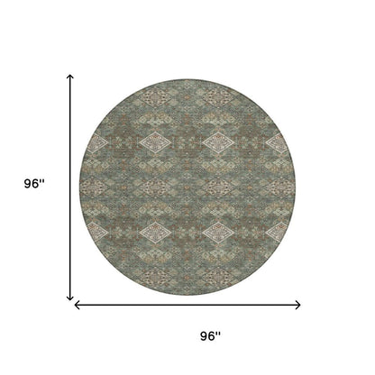 8' Green And Taupe Round Geometric Washable Indoor Outdoor Area Rug HomeRoots