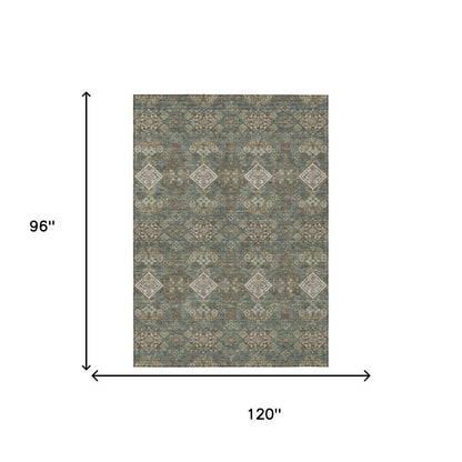 8' X 10' Green And Taupe Geometric Washable Indoor Outdoor Area Rug