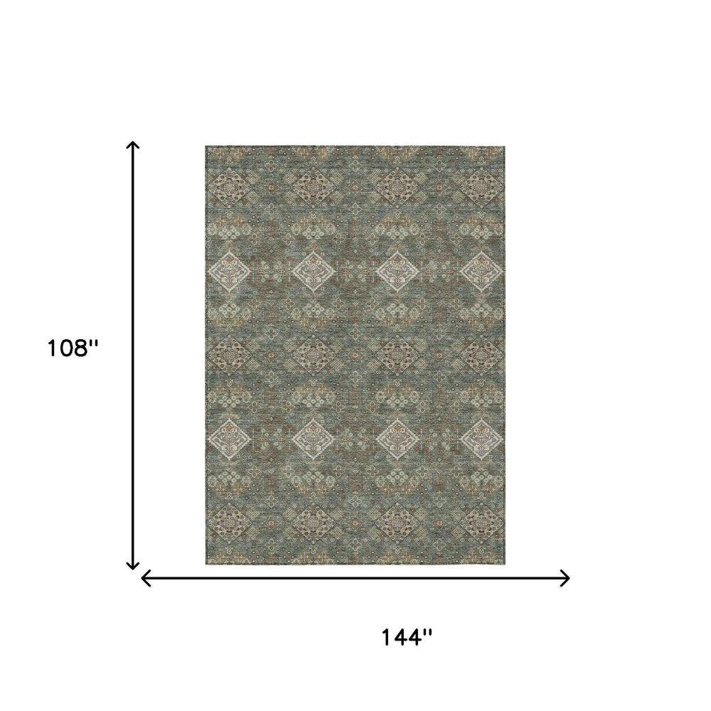9' X 12' Green And Taupe Geometric Washable Indoor Outdoor Area Rug HomeRoots