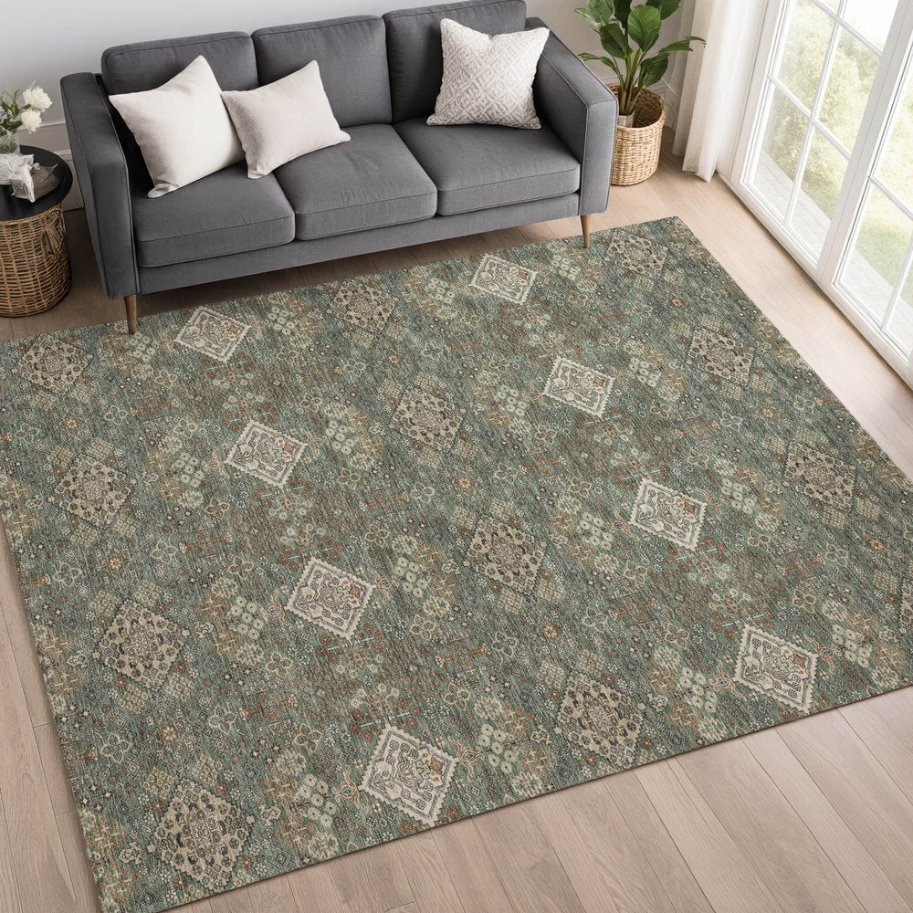 10' X 14' Green And Taupe Geometric Washable Indoor Outdoor Area Rug HomeRoots