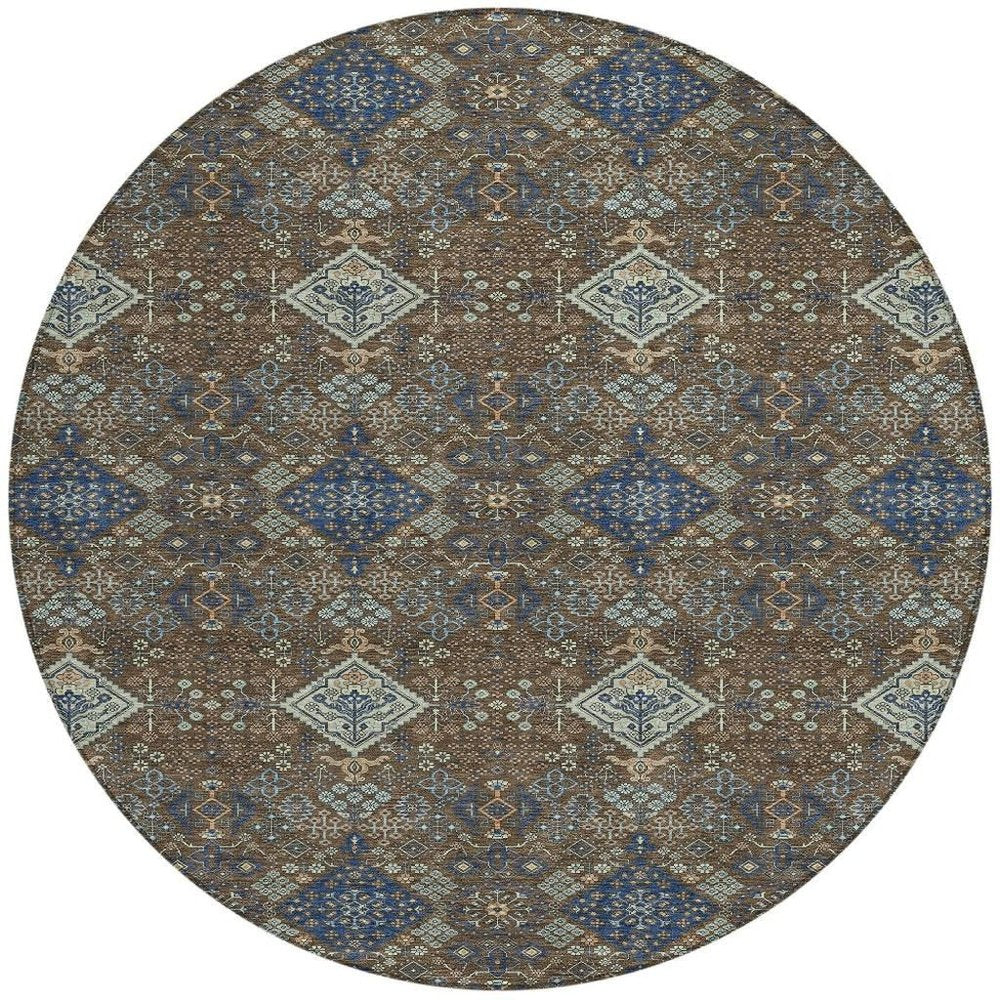 8' Chocolate And Brown Round Geometric Washable Indoor Outdoor Area Rug HomeRoots