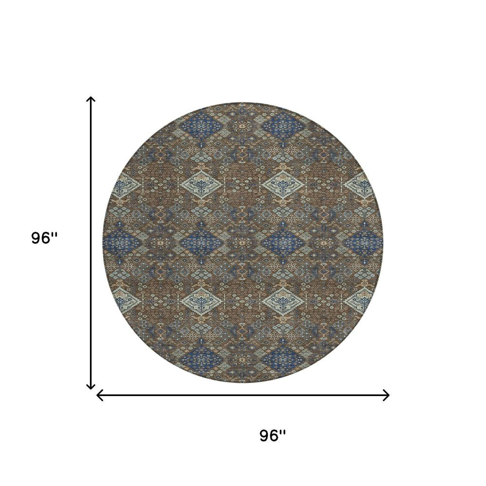 8' Chocolate And Brown Round Geometric Washable Indoor Outdoor Area Rug HomeRoots