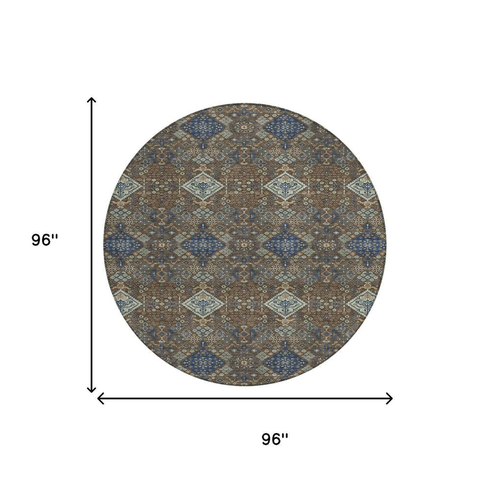 8' Chocolate And Brown Round Geometric Washable Indoor Outdoor Area Rug HomeRoots