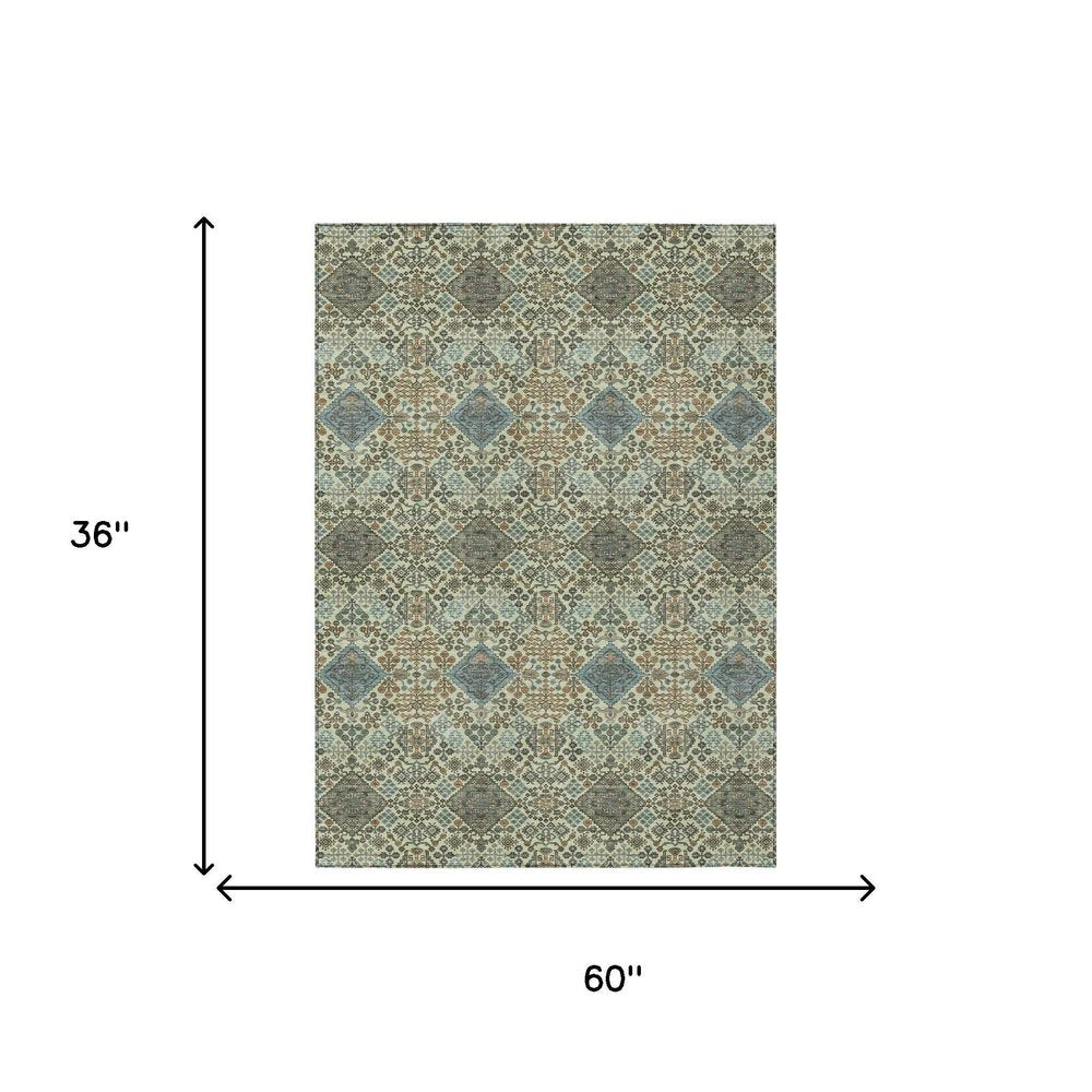 3' X 5' Green And Teal Blue Geometric Washable Indoor Outdoor Area Rug HomeRoots