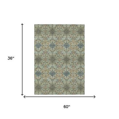 3' X 5' Green And Teal Blue Geometric Washable Indoor Outdoor Area Rug HomeRoots