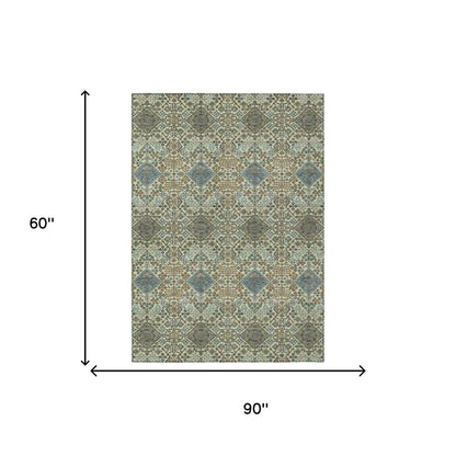 5' X 8' Green And Teal Blue Geometric Washable Indoor Outdoor Area Rug HomeRoots