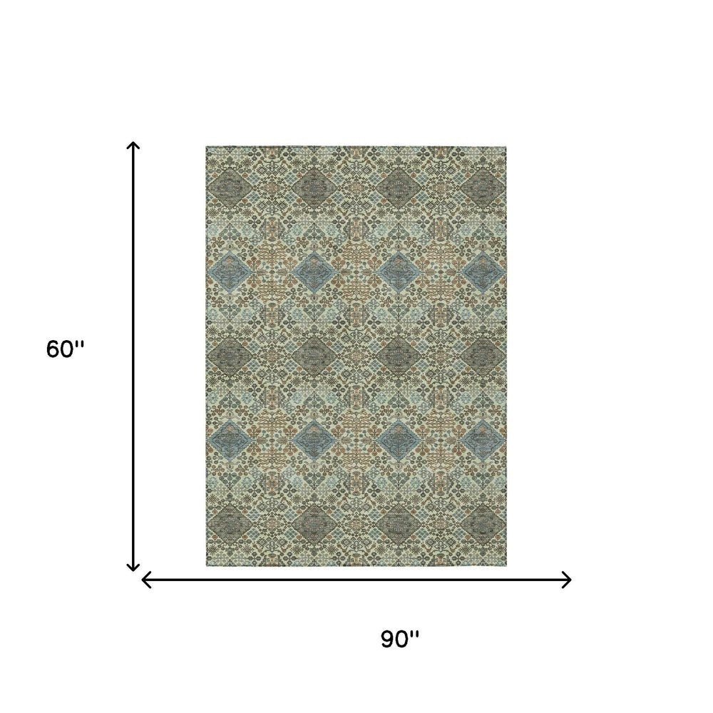 5' X 8' Green And Teal Blue Geometric Washable Indoor Outdoor Area Rug HomeRoots