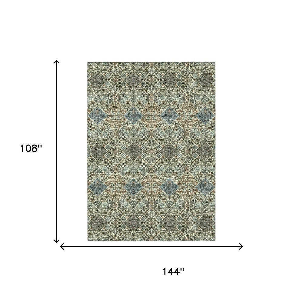 9' X 12' Green And Teal Blue Geometric Washable Indoor Outdoor Area Rug HomeRoots