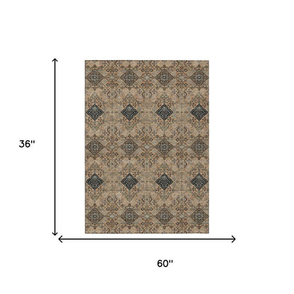 3' X 5' Copper And Green Geometric Washable Indoor Outdoor Area Rug