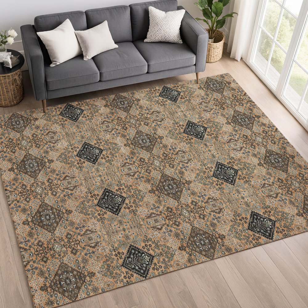 3' X 5' Copper And Green Geometric Washable Indoor Outdoor Area Rug