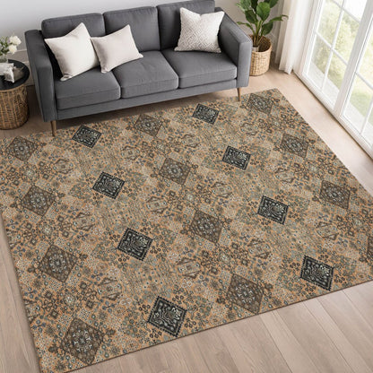 3' X 5' Copper And Green Geometric Washable Indoor Outdoor Area Rug
