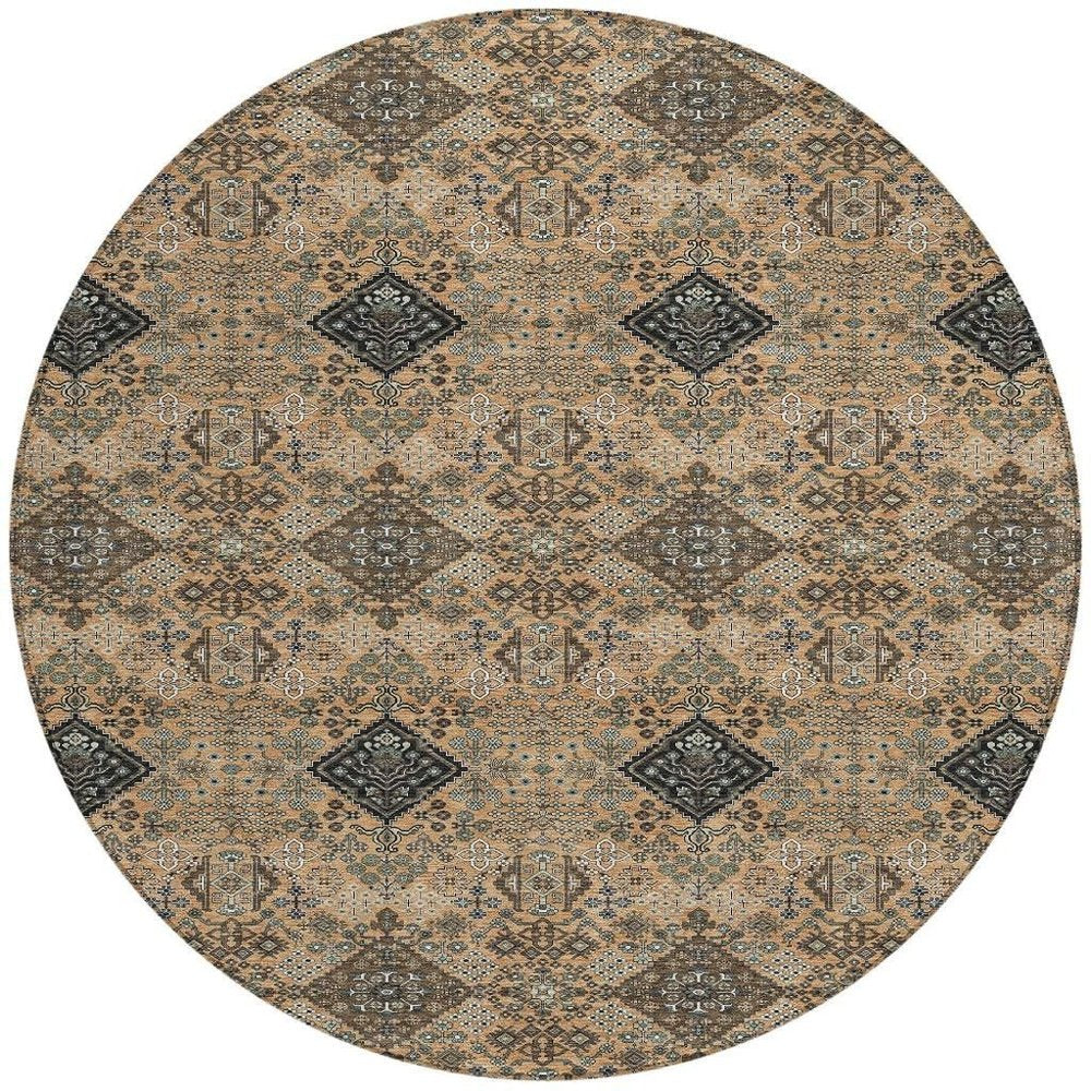 8' Copper And Green Round Geometric Washable Indoor Outdoor Area Rug HomeRoots