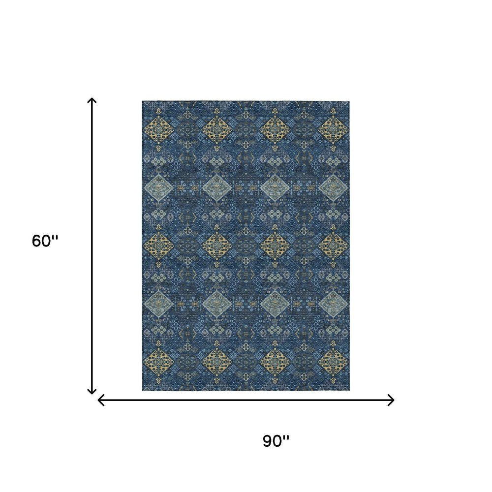5' X 8' Navy Blue And Gold Geometric Washable Indoor Outdoor Area Rug HomeRoots