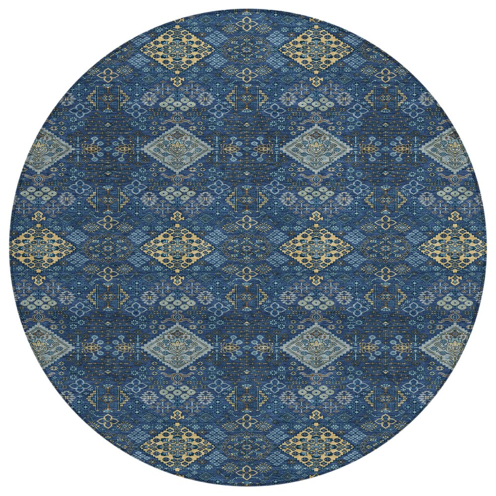 8' Navy Blue And Gold Round Geometric Washable Indoor Outdoor Area Rug HomeRoots