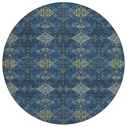 8' Navy Blue And Gold Round Geometric Washable Indoor Outdoor Area Rug HomeRoots
