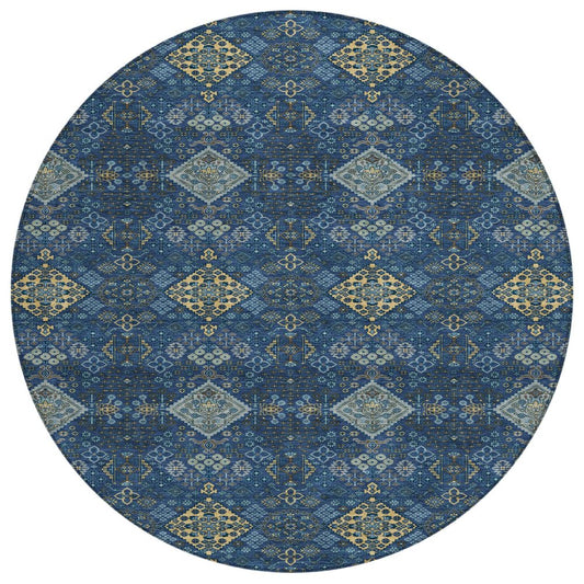 8' Navy Blue And Gold Round Geometric Washable Indoor Outdoor Area Rug HomeRoots