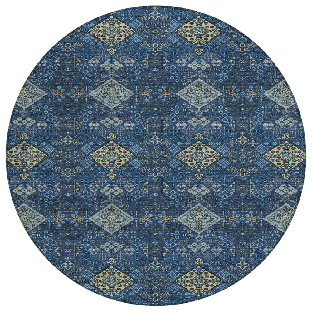 8' Navy Blue And Gold Round Geometric Washable Indoor Outdoor Area Rug HomeRoots