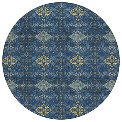 8' Navy Blue And Gold Round Geometric Washable Indoor Outdoor Area Rug HomeRoots
