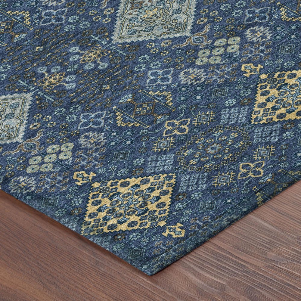 8' Navy Blue And Gold Round Geometric Washable Indoor Outdoor Area Rug HomeRoots