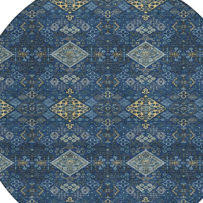 8' Navy Blue And Gold Round Geometric Washable Indoor Outdoor Area Rug HomeRoots