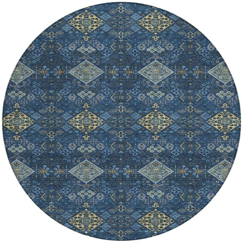 8' Navy Blue And Gold Round Geometric Washable Indoor Outdoor Area Rug HomeRoots