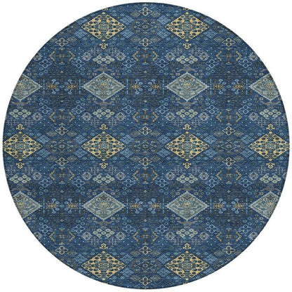 8' Navy Blue And Gold Round Geometric Washable Indoor Outdoor Area Rug HomeRoots