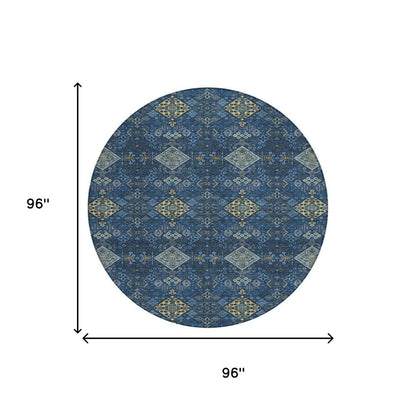 8' Navy Blue And Gold Round Geometric Washable Indoor Outdoor Area Rug HomeRoots