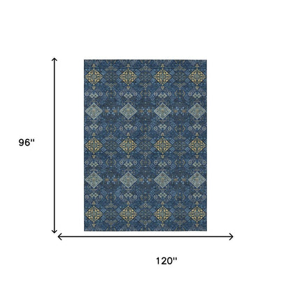 8' X 10' Navy Blue And Gold Geometric Washable Indoor Outdoor Area Rug HomeRoots