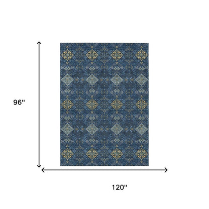 8' X 10' Navy Blue And Gold Geometric Washable Indoor Outdoor Area Rug HomeRoots