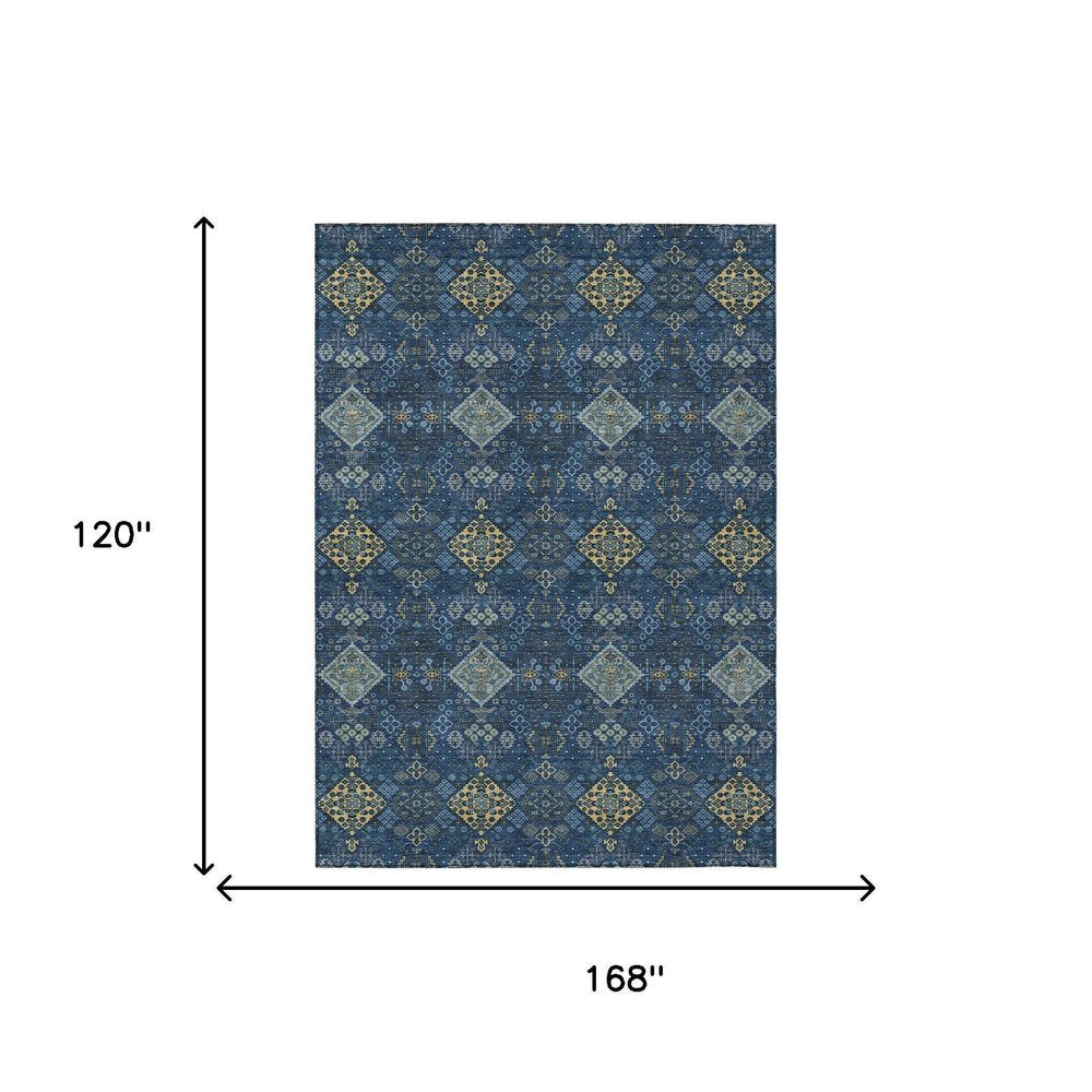 10' X 14' Navy Blue And Gold Geometric Washable Indoor Outdoor Area Rug HomeRoots