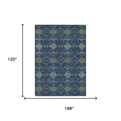 10' X 14' Navy Blue And Gold Geometric Washable Indoor Outdoor Area Rug HomeRoots