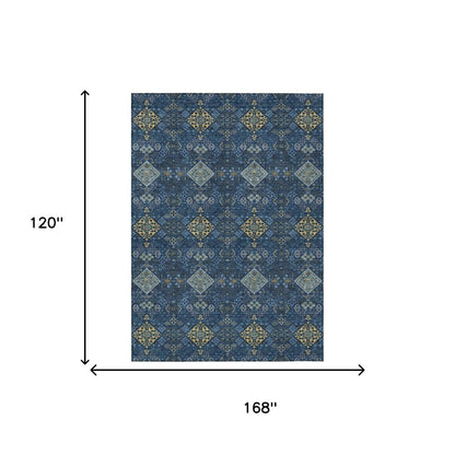 10' X 14' Navy Blue And Gold Geometric Washable Indoor Outdoor Area Rug HomeRoots