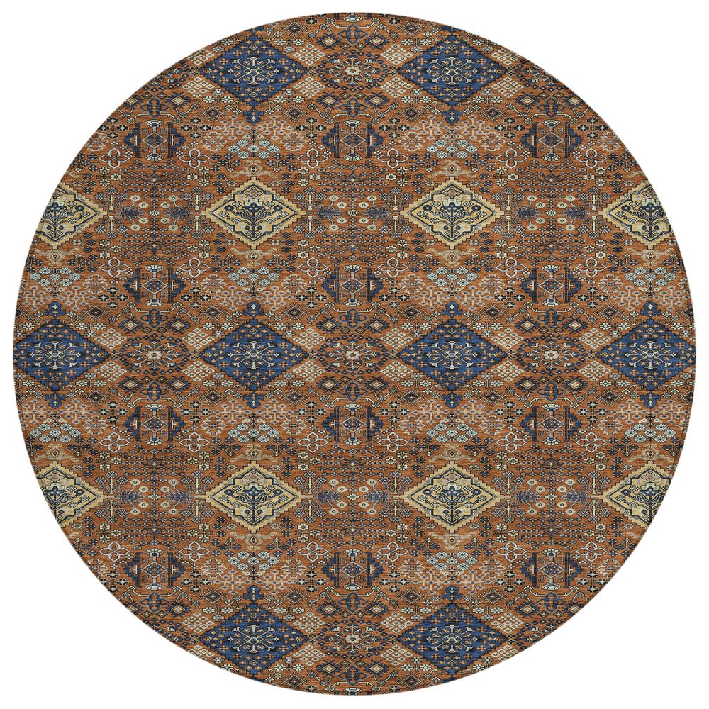 8' Orange And Navy Blue Round Geometric Washable Indoor Outdoor Area Rug HomeRoots