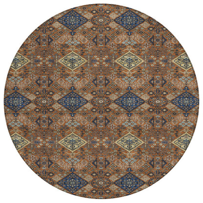 8' Orange And Navy Blue Round Geometric Washable Indoor Outdoor Area Rug HomeRoots