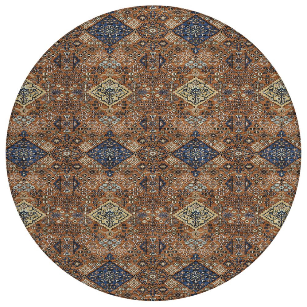 8' Orange And Navy Blue Round Geometric Washable Indoor Outdoor Area Rug HomeRoots