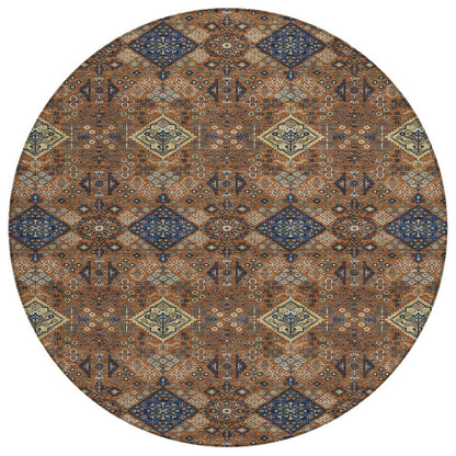 8' Orange And Navy Blue Round Geometric Washable Indoor Outdoor Area Rug HomeRoots