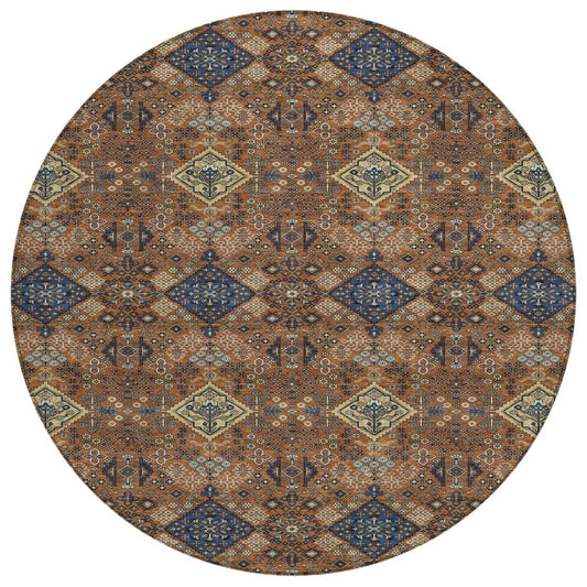 8' Orange And Navy Blue Round Geometric Washable Indoor Outdoor Area Rug HomeRoots