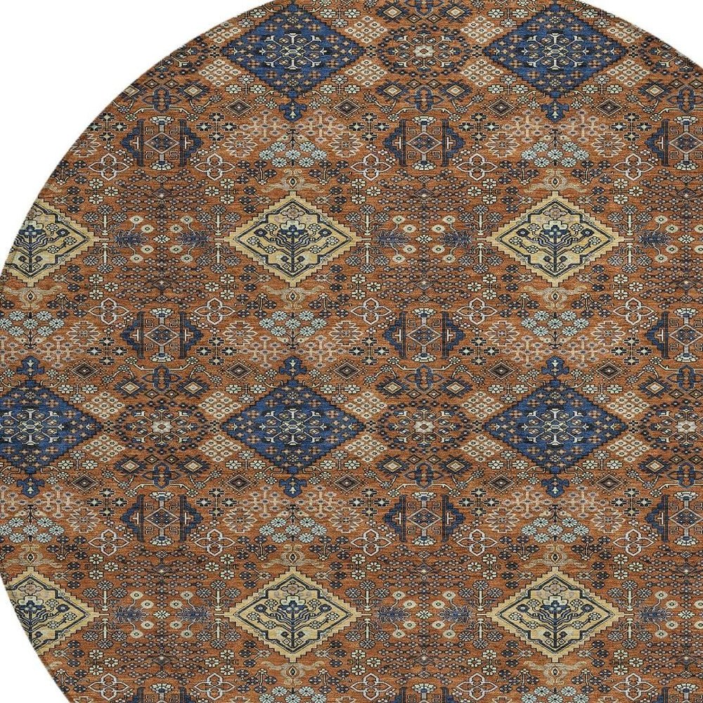 8' Orange And Navy Blue Round Geometric Washable Indoor Outdoor Area Rug HomeRoots