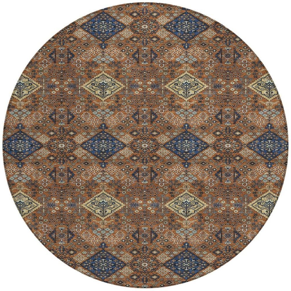 8' Orange And Navy Blue Round Geometric Washable Indoor Outdoor Area Rug HomeRoots
