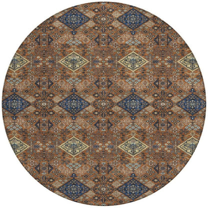 8' Orange And Navy Blue Round Geometric Washable Indoor Outdoor Area Rug HomeRoots