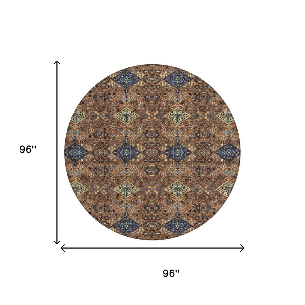 8' Orange And Navy Blue Round Geometric Washable Indoor Outdoor Area Rug HomeRoots