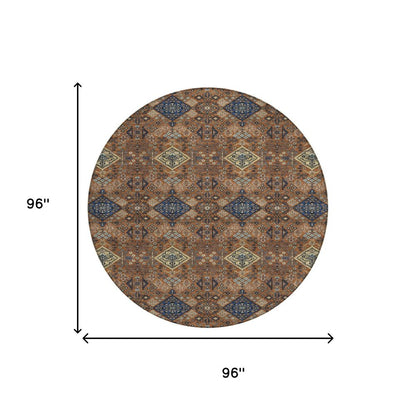 8' Orange And Navy Blue Round Geometric Washable Indoor Outdoor Area Rug HomeRoots